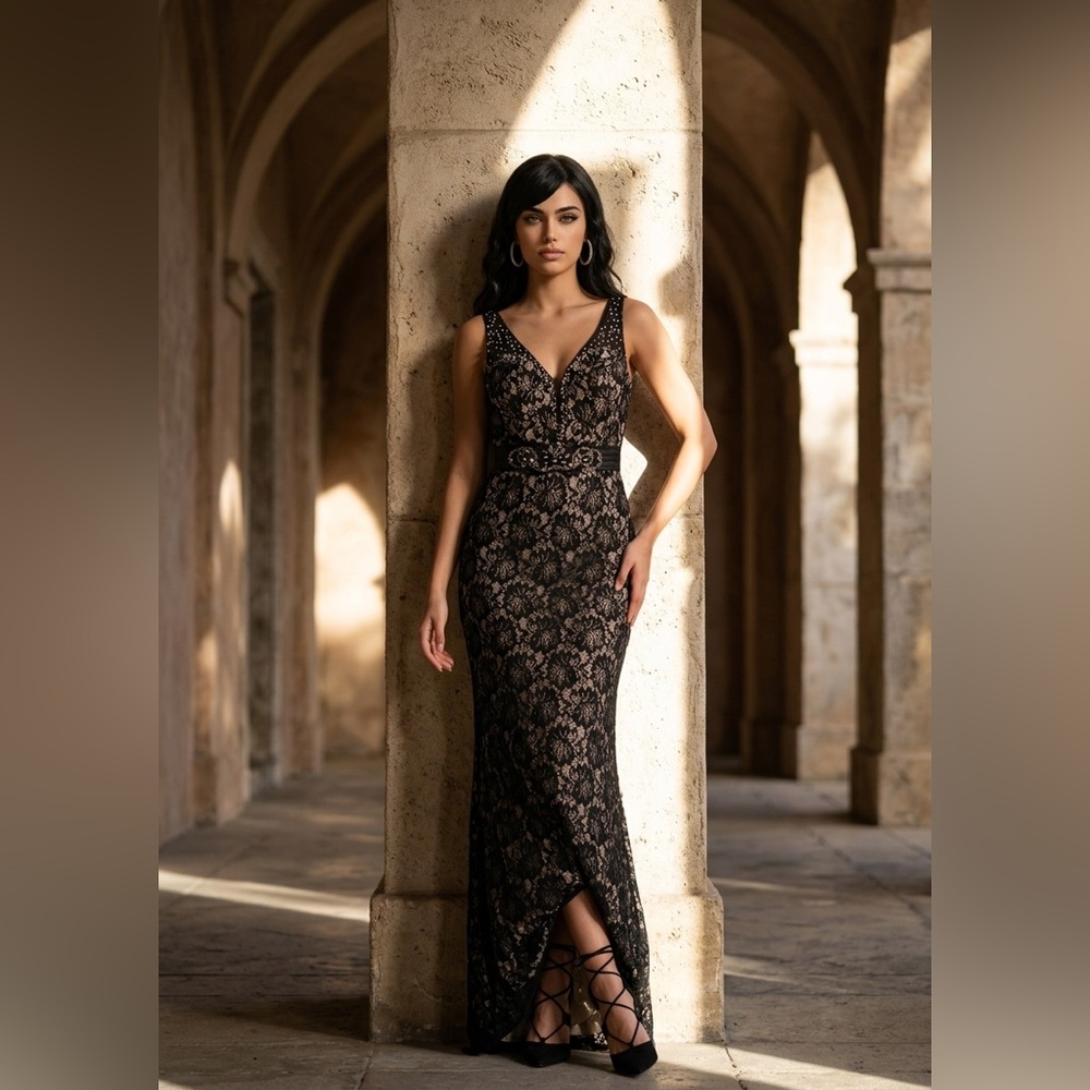 Elegant Black Lace V-Neck Evening Dress